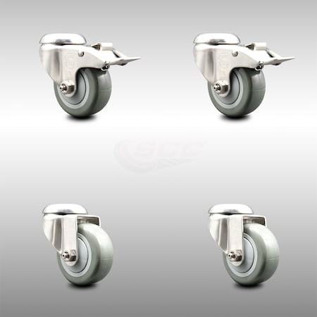 Service Caster 3.5 Inch 316SS Gray Polyurethane Swivel Bolt Hole Caster Set with 2 Lock Brake SCC-SS316BHTTL20S3514-PPUB-2-S-2